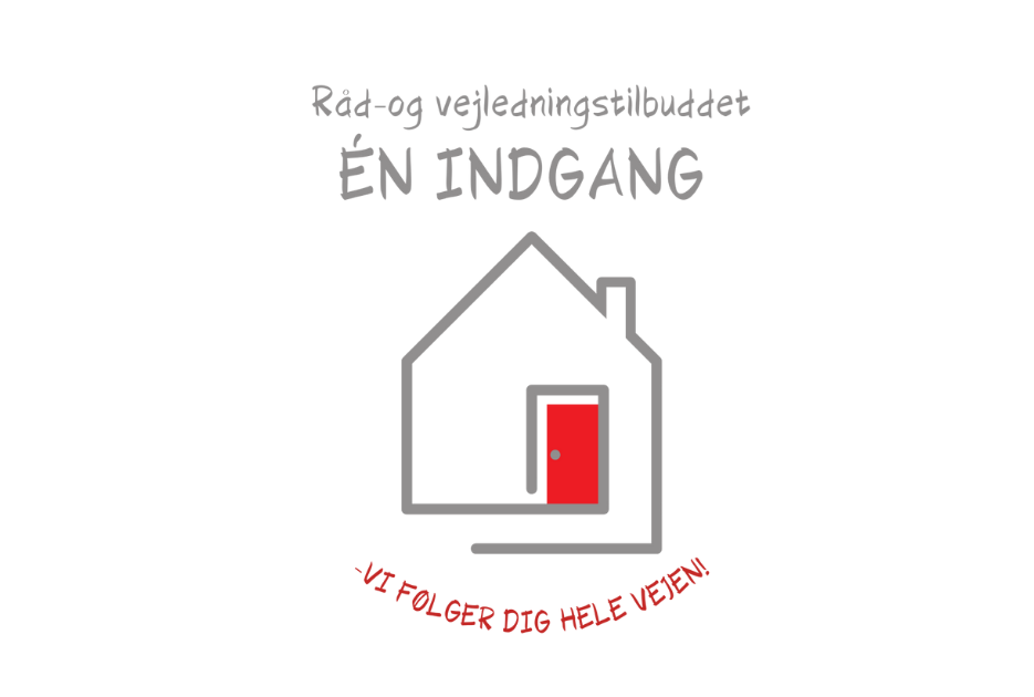 et hus med en rød dør og ordene: råd-og vejledningstilbuddet Én indgang - Vi følger dig hele vejen! 